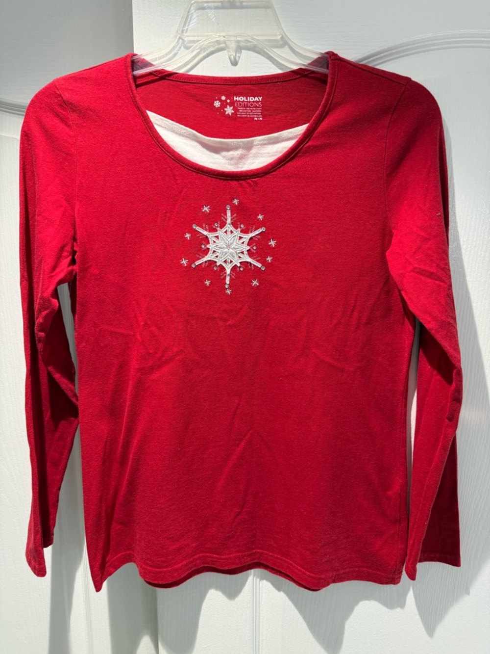 Holiday Editions Red Crewneck Top with White Trim and Snowflake Print